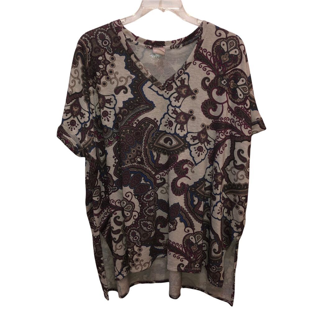 Chicos Medium / Large Gray Paisley Short Sleeve V Neck VERY OVERSIZED Shirt Top